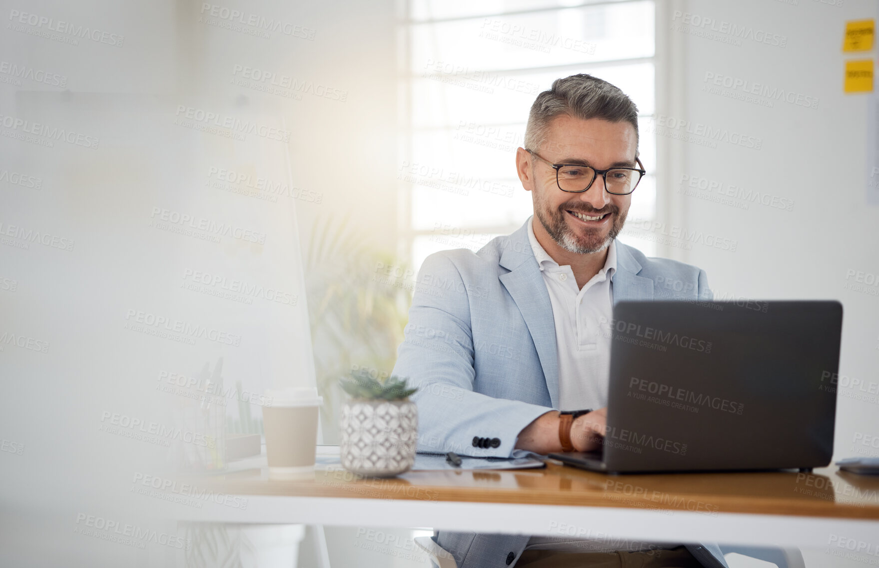 Buy stock photo Happy business man typing on laptop for email update, online project and reading digital report with mockup space. Mature manager, entrepreneur and working on computer for research, planning and info