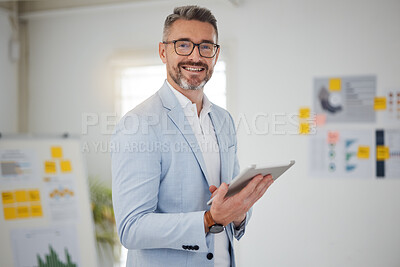 Buy stock photo Portrait of mature man in office with tablet, smile and research for business website, online report or social media. Internet, digital app and businessman with workshop, web schedule and confidence.