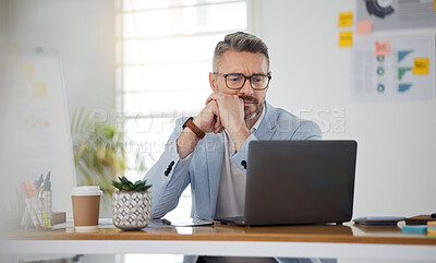 Buy stock photo Laptop, thinking and error with a business man in the office for problem solving an issue as a manager. Computer, 404 and confused with a corporate employee in doubt about an idea, report or info