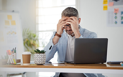 Buy stock photo Laptop, headache and stress with a business man in the office for deadline management as a professional boss. Computer, anxiety and burnout with a corporate employee under pressure in the workplace