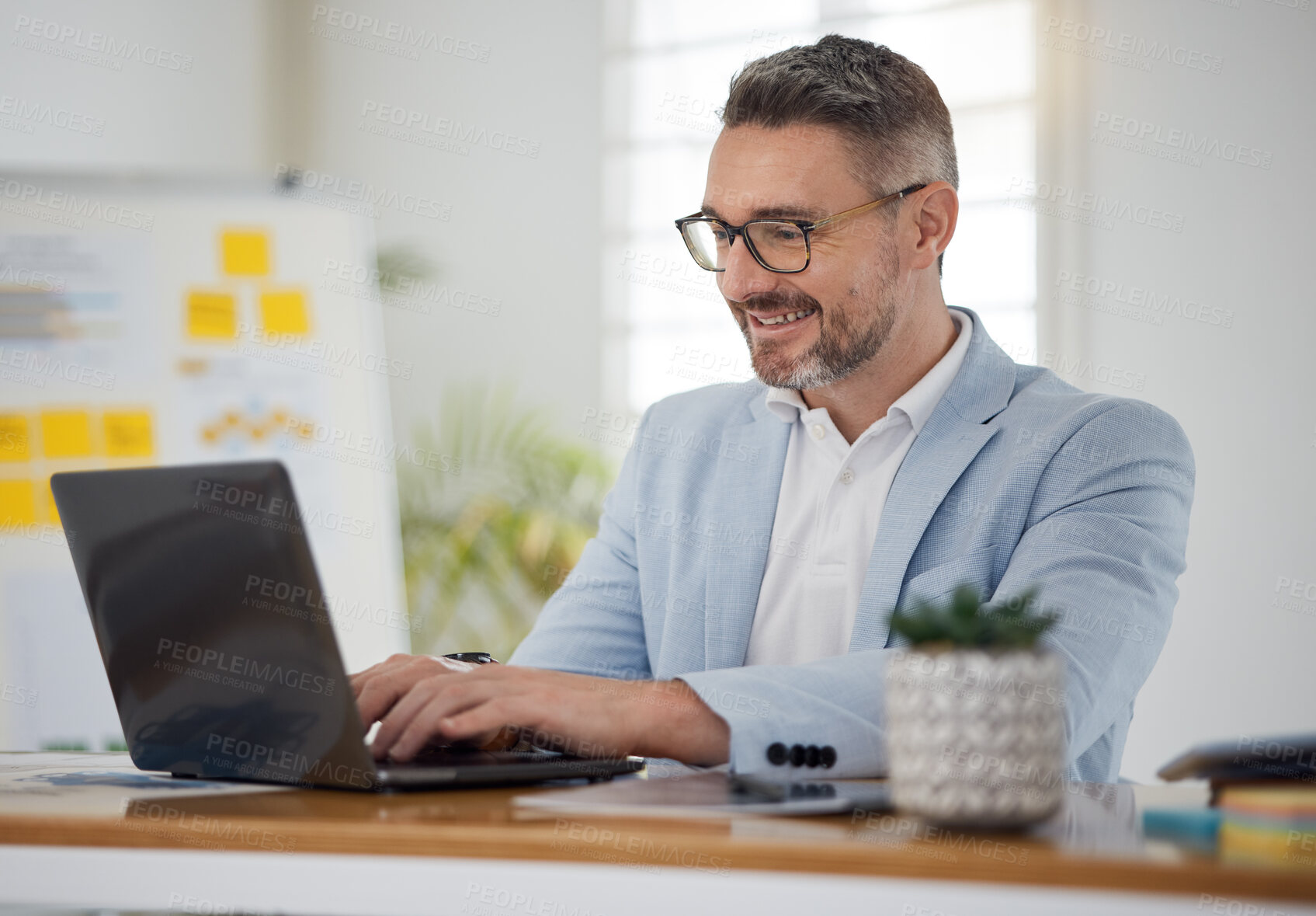 Buy stock photo Business man, smile and typing on laptop for network update, online insight and review digital report. Happy mature manager, entrepreneur and working on computer for research, planning admin and info