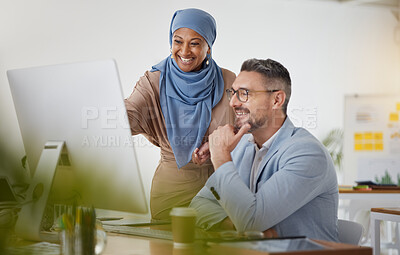 Buy stock photo Training, help and computer with business people in office for creative, diversity and coaching. Teamwork, collaboration and feedback with employees in digital agency for website, mentor and designer