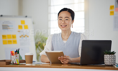 Buy stock photo Portrait of Asian woman in office with smile, tablet and research for business website, online report or social media. Internet, digital app and businesswoman at desk with web schedule and confidence