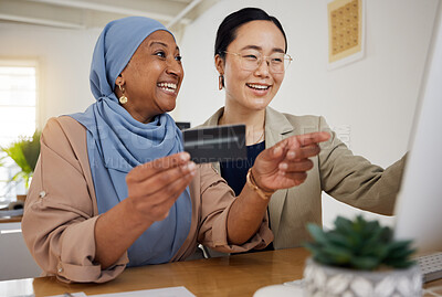 Buy stock photo Online shopping, credit card and woman at customer service desk for banking and talking to a consultant. Muslim, asian and professional consulting a customer on rewards purchase on business website