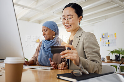 Buy stock photo Banking, credit card and woman at customer service desk for online shopping for advice from a consultant. Muslim, asian and professional consulting a customer on rewards purchase on business website