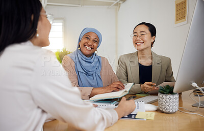 Buy stock photo Teamwork, diversity and business women in a meeting for planning or strategy in their professional office. Collaboration, marketing or design with a creative team in the workplace for management