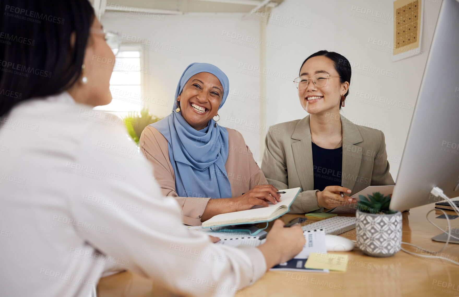 Buy stock photo Teamwork, diversity and business women in a meeting for planning or strategy in their professional office. Collaboration, marketing or design with a creative team in the workplace for management