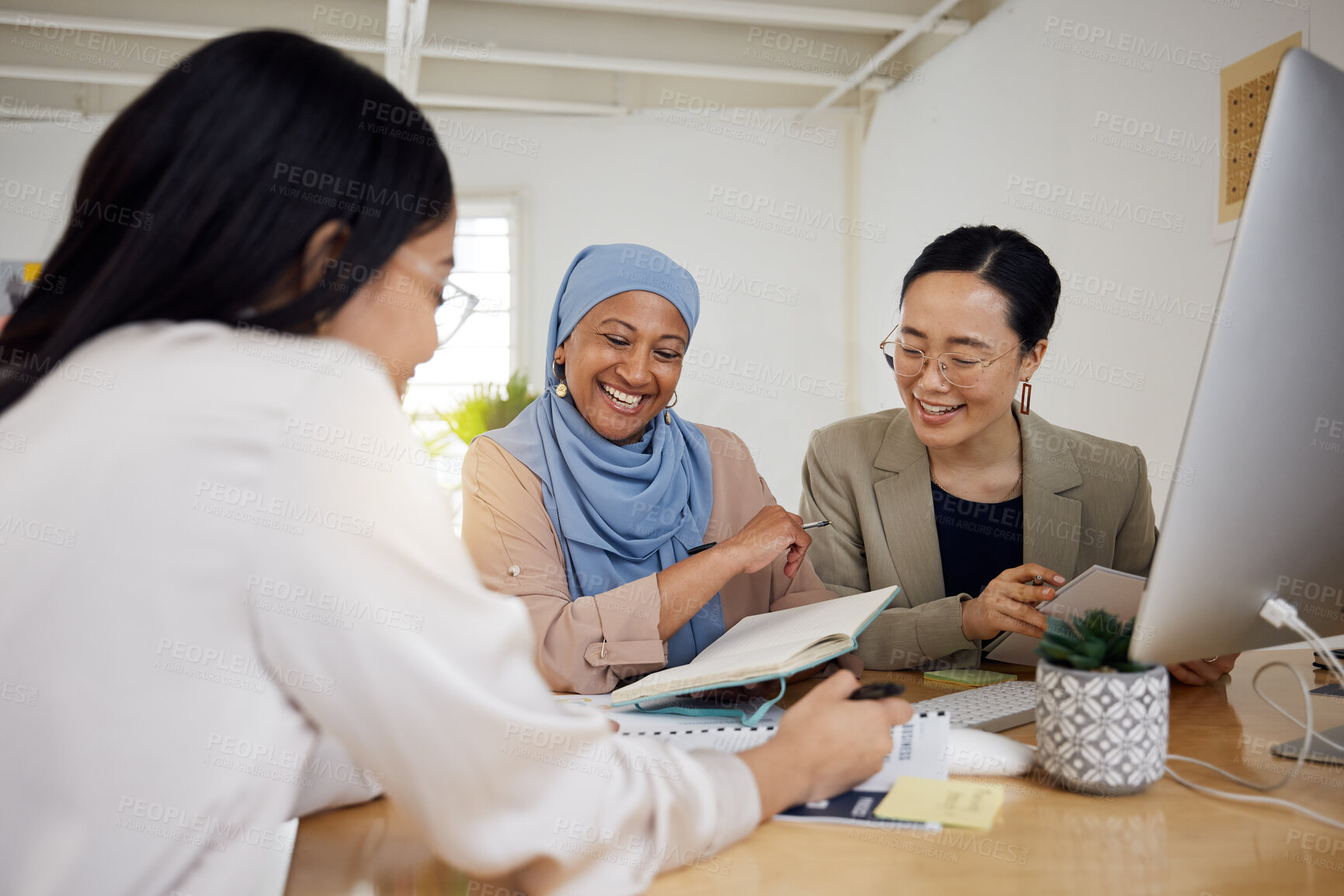 Buy stock photo Meeting, business people and Muslim woman with team planning and data in work discussion. Office, communication and working employees group with talk and branding management review at a company