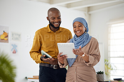 Buy stock photo Business people, tablet and teamwork or planning for marketing, website design and management in office. African man and woman on digital technology for online news, startup and project collaboration