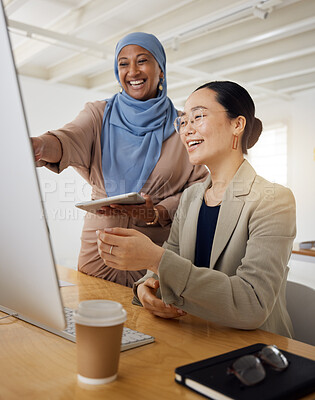 Buy stock photo Computer, business women and Muslim mentor with feedback and website support in work discussion. Office, communication and email marketing help with employee training and management at a SEO company