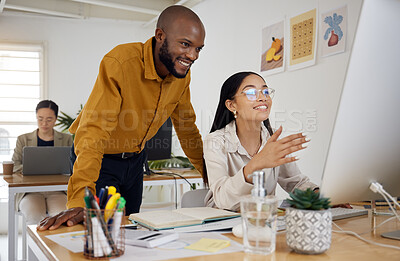 Buy stock photo Coaching, consulting and computer with business people in office for creative, planning and training. Teamwork, collaboration and feedback with employees in digital agency for website and designer