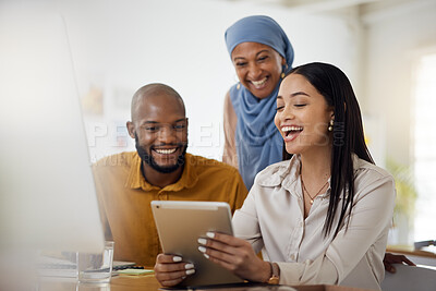 Buy stock photo Teamwork, laughing and tablet with business people in office for support, diversity and meeting. Digital, brainstorming and idea with employees in creative agency for website, designer and solution