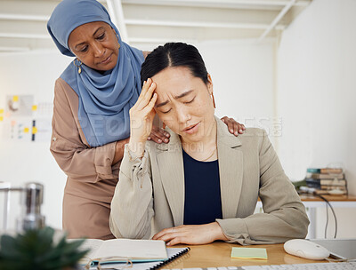 Buy stock photo Stress, depression and a business woman with empathy, support and help in office. Burnout, fired and entrepreneur person with headache, bad news or fatigue with hand of muslim friend on shoulder