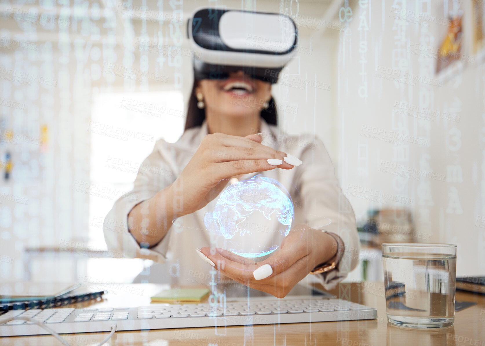 Buy stock photo Business woman, virtual reality and globe for network in hands, holographic overlay or code for data in cyber metaverse. Happy developer, programming expert and ar vision for future, 3d earth or ux