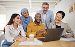 Business people, meeting and laptop for team collaboration planning and website design presentation in office. Diversity group of men and woman on computer for teamwork, marketing training or project