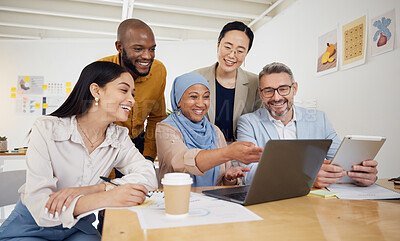 Buy stock photo Business people, presentation and laptop for team collaboration, planning and website design meeting in office. Diversity group of men and woman on computer in teamwork, marketing training or project