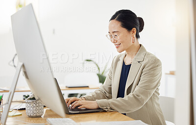 Buy stock photo Computer, laptop and business woman in office happy, typing and search for creative, idea or inspiration. Research, smile and Japanese female seo online for social media, information or planning