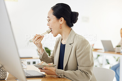 Buy stock photo Lunch break, food and business woman at office desk for meal while reading laptop for email or proposal. Sushi, brunch and hungry designer with takeaway for efficient, productive and time management 