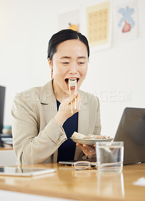 Buy stock photo Asian business woman, laptop and sushi on lunch break, video or movie in office with thinking, relax and happy. Japanese entrepreneur, eating seafood and comedy with computer, chopsticks or streaming