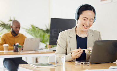 Buy stock photo Call center, smile and woman with fast food, lunch or break on laptop in office consulting for crm, contact us or faq. Customer service, telemarketing and lead generation consultant online with sushi