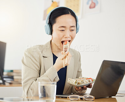 Buy stock photo Fast food, delivery and asian woman with laptop in office for lunch break, eating and meal. Sushi, brunch and Japanese designer online with positive review, survey or feedback for takeout service