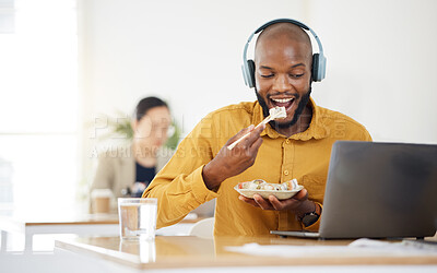 Buy stock photo Black business man, laptop and sushi on lunch, video or movie in office for social media, headphones or streaming. African entrepreneur, eating seafood and health on computer, chopsticks or nutrition