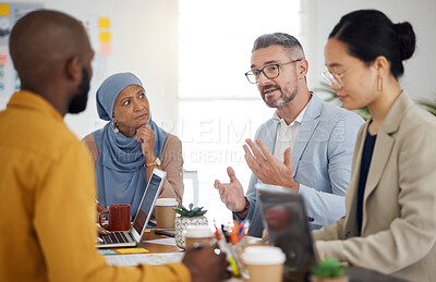 Buy stock photo Solution, planning and teamwork with business people in meeting for brainstorming, project management or partnership. Strategy, collaboration and mentor with employees in office for client proposal