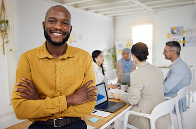 Buy stock photo Black business man, arms crossed and leader at meeting, company or ceo with pride, portrait and success. Young African entrepreneur, boss and startup manager with smile, group and workshop at agency