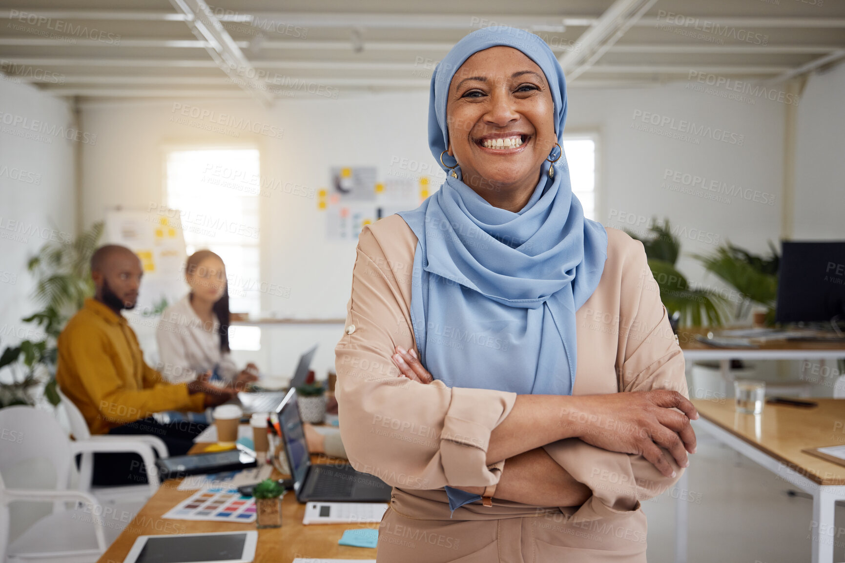 Buy stock photo Leadership, Muslim woman portrait and arms crossed of business manager in a office with a smile. Company leader, management and mature female professional with a hijab ready for a team meeting 