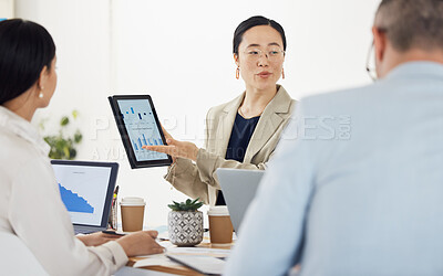 Buy stock photo Tablet screen, data presentation and professional Asian woman show customer experience feedback, analytics or graph. Listen, project management or team leader with online statistics, insight or chart