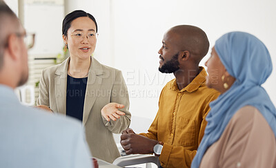 Buy stock photo Collaboration, meeting and a designer team talking in the office while planning a creative project together. Teamwork, strategy and design with an artistic employee group chatting in the workplace