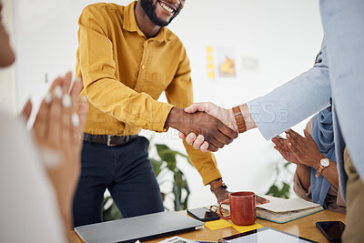 Buy stock photo Creative people, handshake and meeting in hiring, b2b or partnership and applause in teamwork at office. Happy employees shaking hands in team recruiting, agreement or deal in startup at workplace