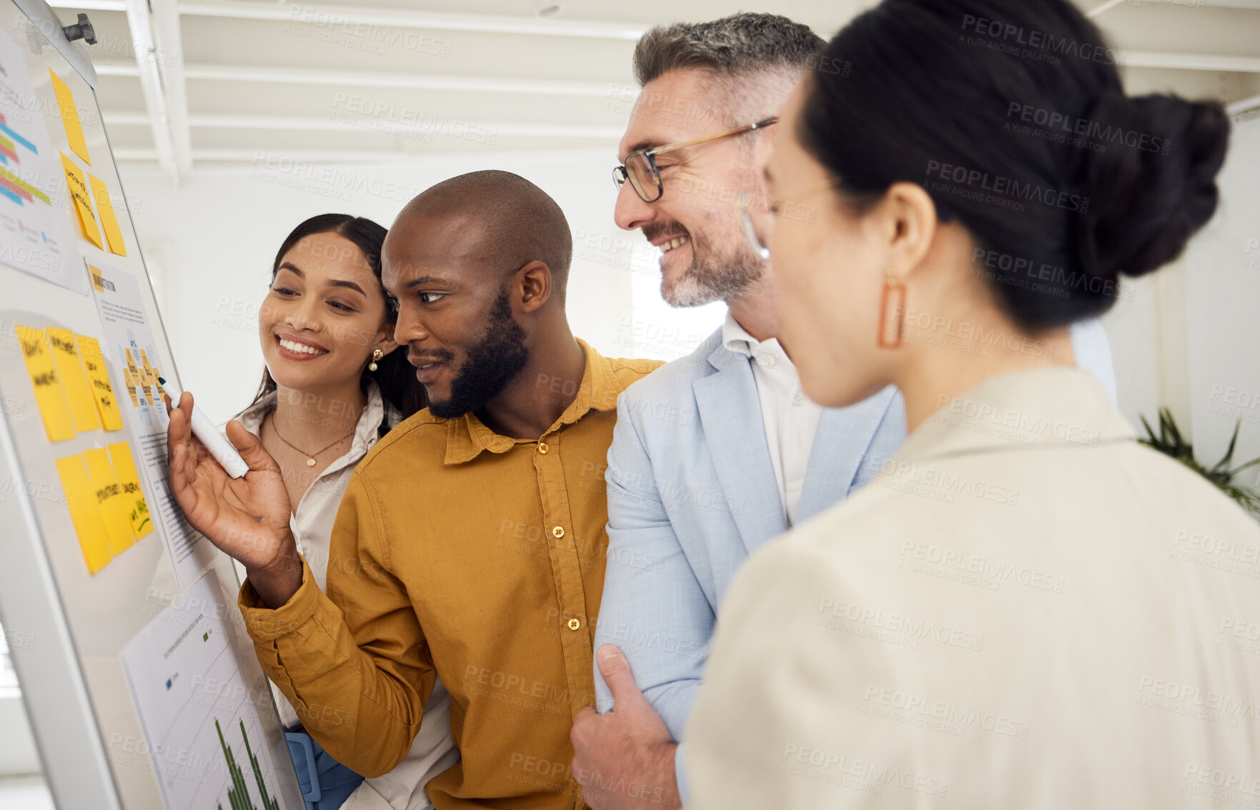 Buy stock photo Whiteboard, collaboration and business people planning in office brainstorming for creative project. Professional, analysis and team of designers reading idea or information for strategy in workplace