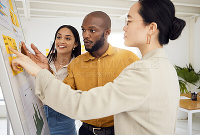 Buy stock photo Board, brainstorming and team with ideas and meeting, diversity and discussion with plan on sticky note. Inspiration, agenda and objective, analytics and research, information and people at startup