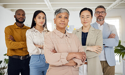 Buy stock photo Business people, serious and arms crossed portrait in a office with diversity and senior woman ceo. Company, management team and confidence of professional leadership and creative agency group 