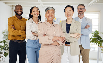 Buy stock photo Portrait, management and arms crossed with a business team in the office for collaboration. Teamwork, diversity and leadership with a happy employee group together in their professional workplace