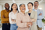 Business people, laughing and arms crossed portrait in a office with diversity and senior woman ceo. Company, management team and funny joke of professional leadership and creative agency group 