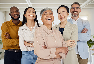 Buy stock photo Business people, laughing and arms crossed portrait in a office with diversity and senior woman ceo. Company, management team and funny joke of professional leadership and creative agency group 