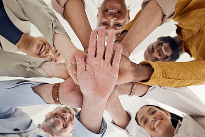 Buy stock photo Hands, stack and team building, business people and support with winning, planning and mission, low angle and trust. Corporate community, success and solidarity, collaboration and palm with synergy