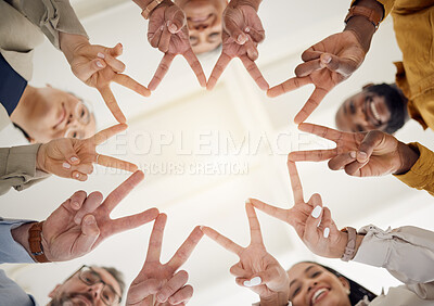 Buy stock photo Peace, hands and business people in office for teamwork, collaboration and support low angle. V, star and happy team in solidarity, commitment or positive coworking agreement, trust or motivation