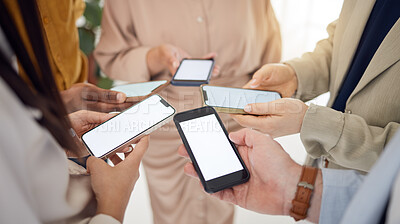 Buy stock photo Business people, group and phone mockup screen for advertising, digital marketing and social network. Closeup of employees, hands and search space on mobile for multimedia, app and download UX data 