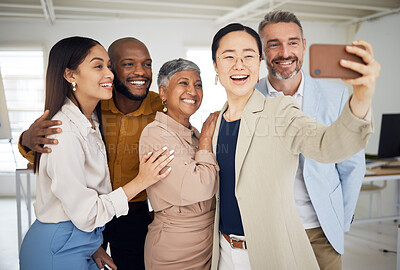 Buy stock photo Happy selfie, group and business people in office for support, trust and global team building. Diversity, employees and friends smile in collaboration for photography, social media and startup blog