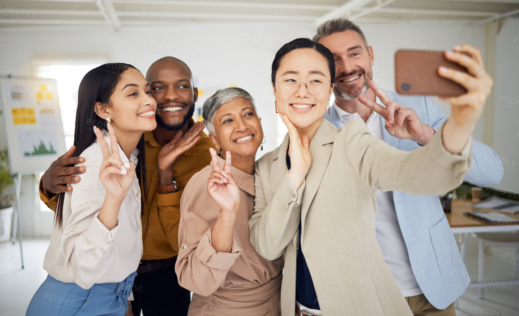 Buy stock photo Selfie, smile and group of business people with peace for support, team building and emoji. Diversity, employees and happy friends with v sign for digital profile picture about us on social media 