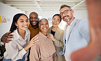 Portrait, selfie and group of business people smile in office for support, team building and trust. Diversity, happy employees and friends in profile picture about us on social media for startup blog