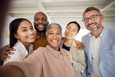 Buy stock photo Portrait, selfie and team of business people smile in office for global staff collaboration. Diversity, happy employees or friends in profile picture about us on social media blog for company culture