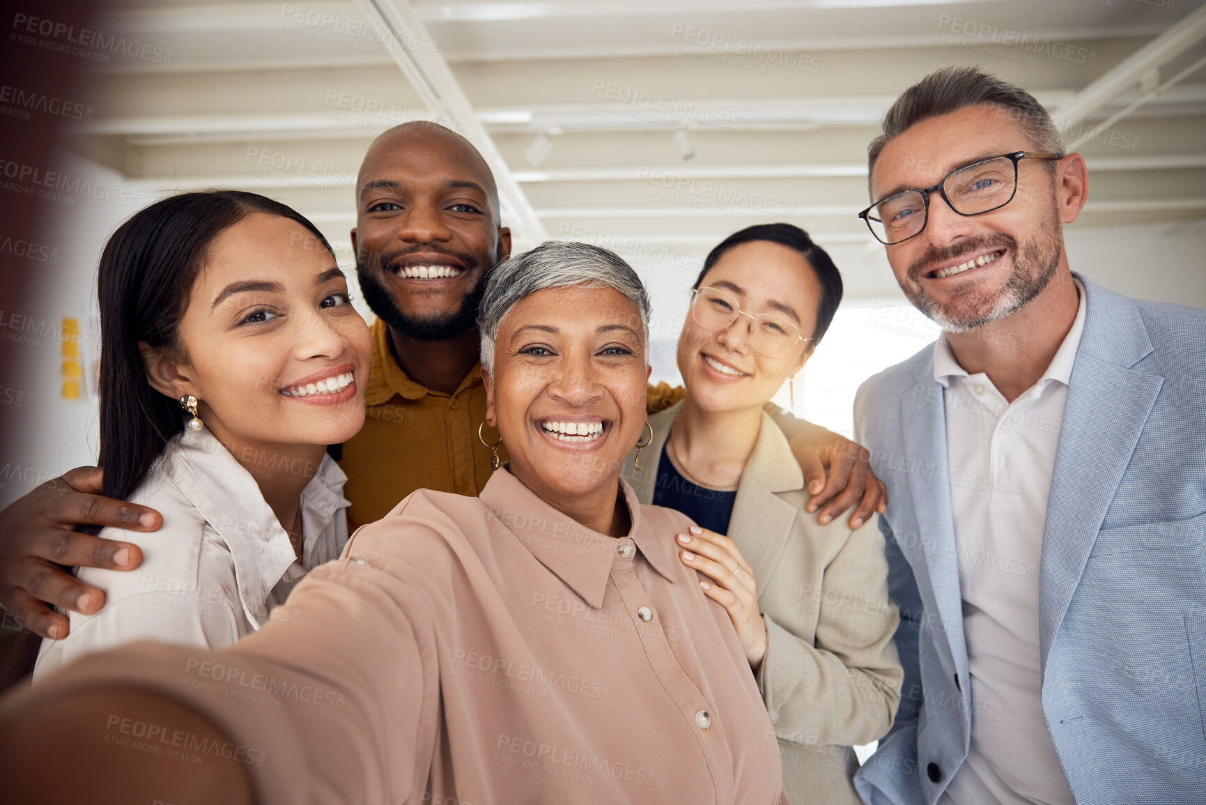 Buy stock photo Portrait, selfie and team of business people smile in office for global staff collaboration. Diversity, happy employees or friends in profile picture about us on social media blog for company culture