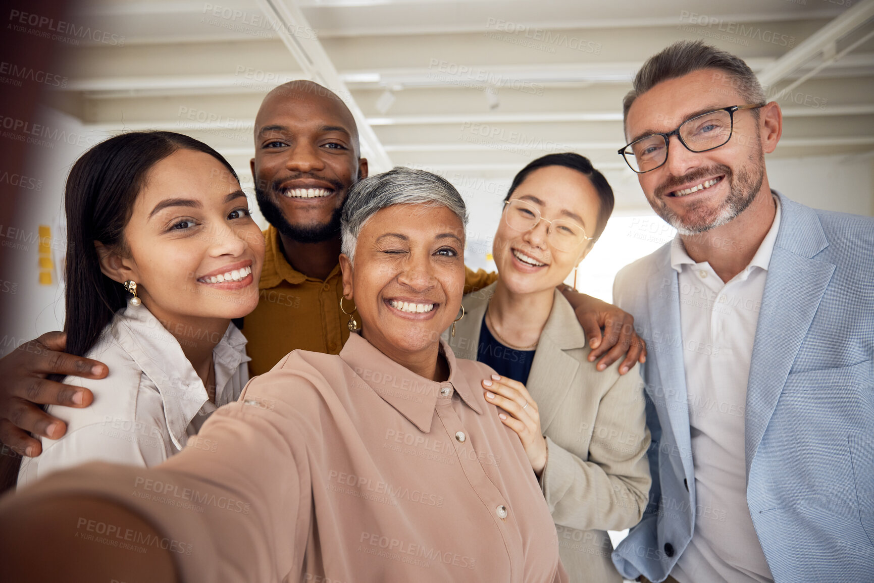 Buy stock photo Happy selfie, portrait and team of business people smile in office for global staff collaboration. Diversity, employees or friends in profile picture about us on social media blog in startup together