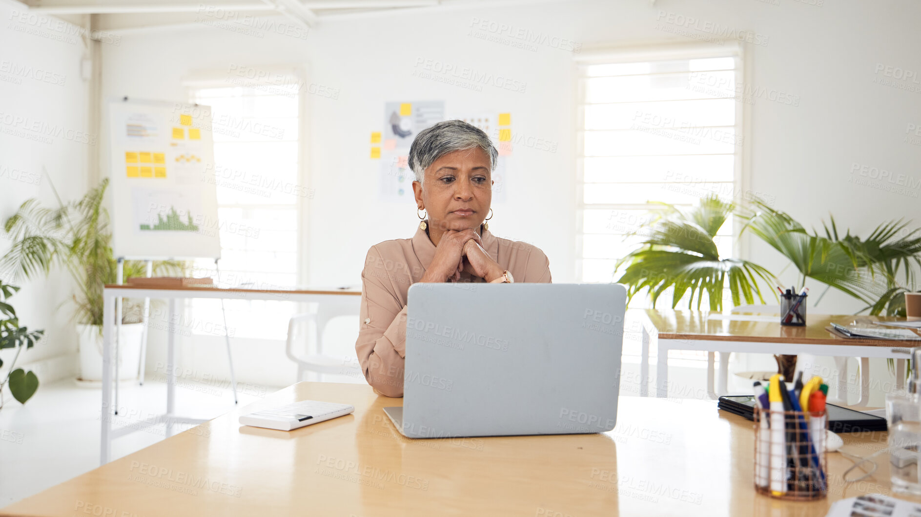 Buy stock photo Thinking, anxiety and senior woman with laptop in office worry, waiting and checking email for report. Stress, face and female ceo online for review, feedback or research, problem or deadline mistake