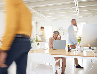 Buy stock photo Stress, headache and senior woman with laptop in busy office with burnout, crisis or mistake. Anxiety, vertigo and female ceo with migraine, brain fog or frustrated by internet, glitch or 404, chaos