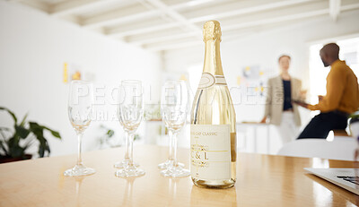 Buy stock photo Alcohol, glass and champagne in office for celebration for achievement, goals and promotion. Corporate, company party and liquor drink on table for success, congratulations and toast for business